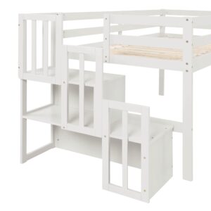 Twin Size Low Loft Bed with Stairs,Kids Loft Bed with Storage Staircase,Twin Bed Frame for Kids with Stairs,Wood Low Loft Bed Twin Size for Boys Girls,White