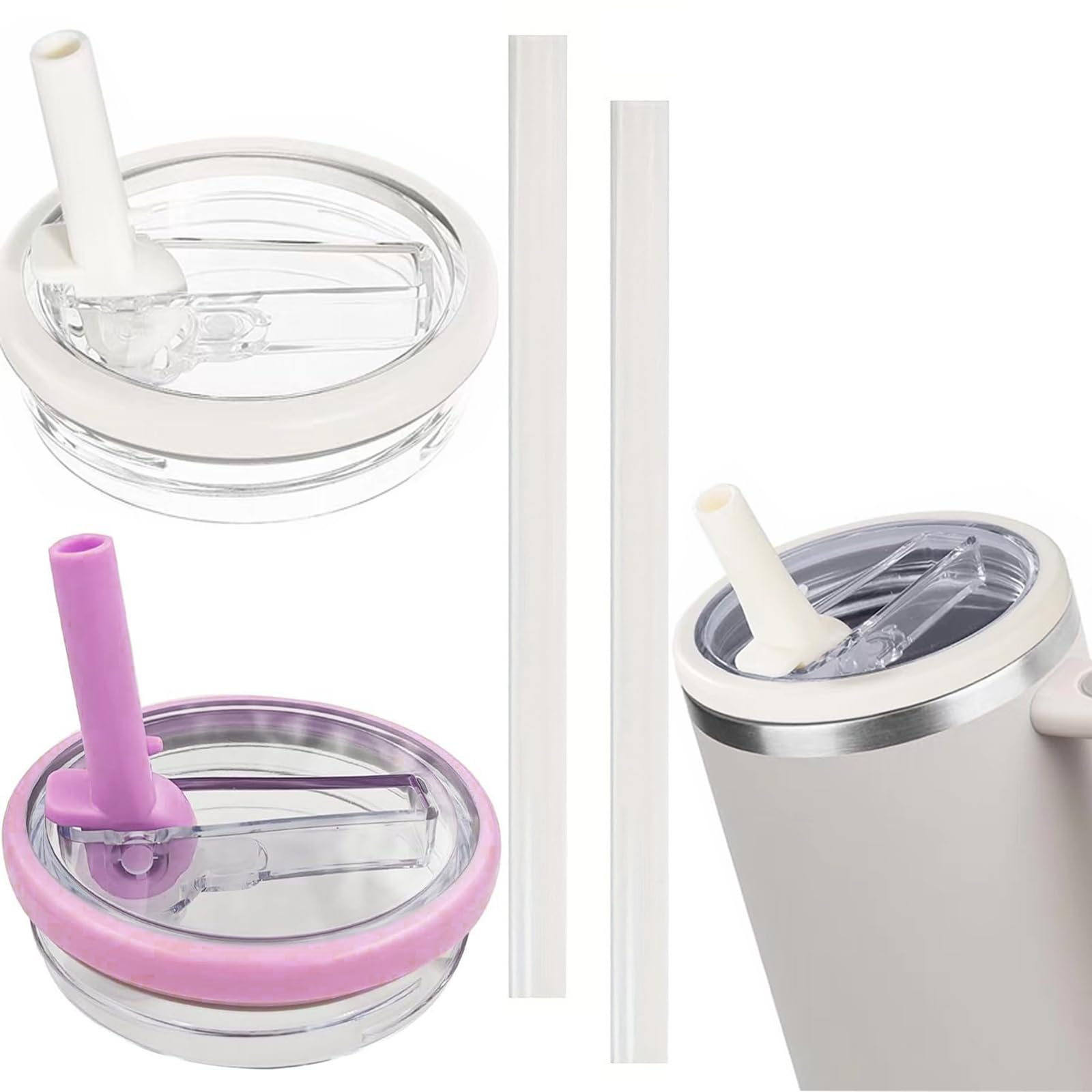 2 Replacement 40 oz. Non-Tipping Lids with Straws Spill-Proof, Leak-Proof, Non-Tipping Lids for Stanley Quencher (White + Purple)