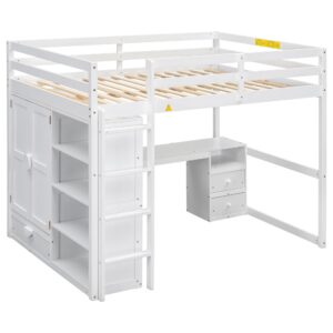 Full Size Loft Bed with Wardrobe and Desk, Wood Loft Bed Frame with Storage Shelves and Drawers for Adults Teens and Kids, White