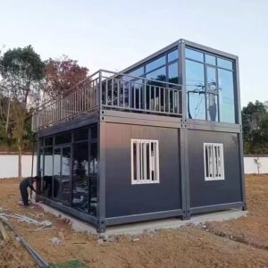 3 room container houses combined with 2 two-story villas prefab luxury modular prefab home with terrace, guardrail, staircase living room, bathroom, kitchen for homes, hotels, offices