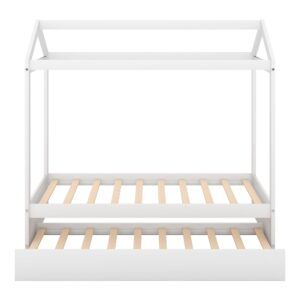 PVWIIK Twin Size Floor Bed with Trundle & Roof Design for Kids, Girls, Boys,Solid Wood Bedframe,Easy Assembly & No Box Spring Needed, White