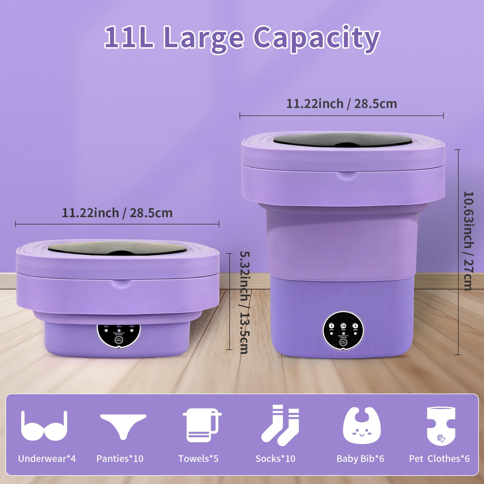 Mini Washing Machine,11L Portable Washing Machine,Foldable Washing Machine with Spin,Washer and Dryer Combo,Small Washer With 3 Modes Deep Cleaning for Apartments, Camping, Travel,RV,Purple