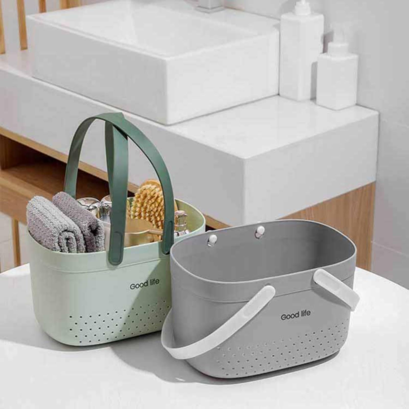 Plastic Storage Basket with Handle Portable Shower Caddy Tote Organizer Basket Bin for Bathroom Kitchen Dorm Room Bedroom, White (Green)