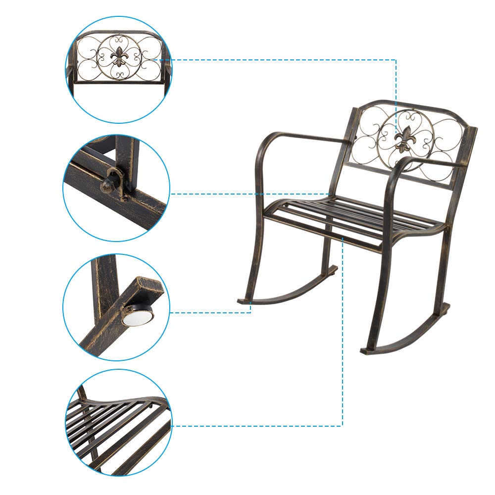 VINGLI Outdoor Rocking Chair, Heavy Duty 660 LBS Wrought Cast Iron Rocking Chair with Back & Armrest, Metal Patio Rockers for Porch, Backyard or Garden