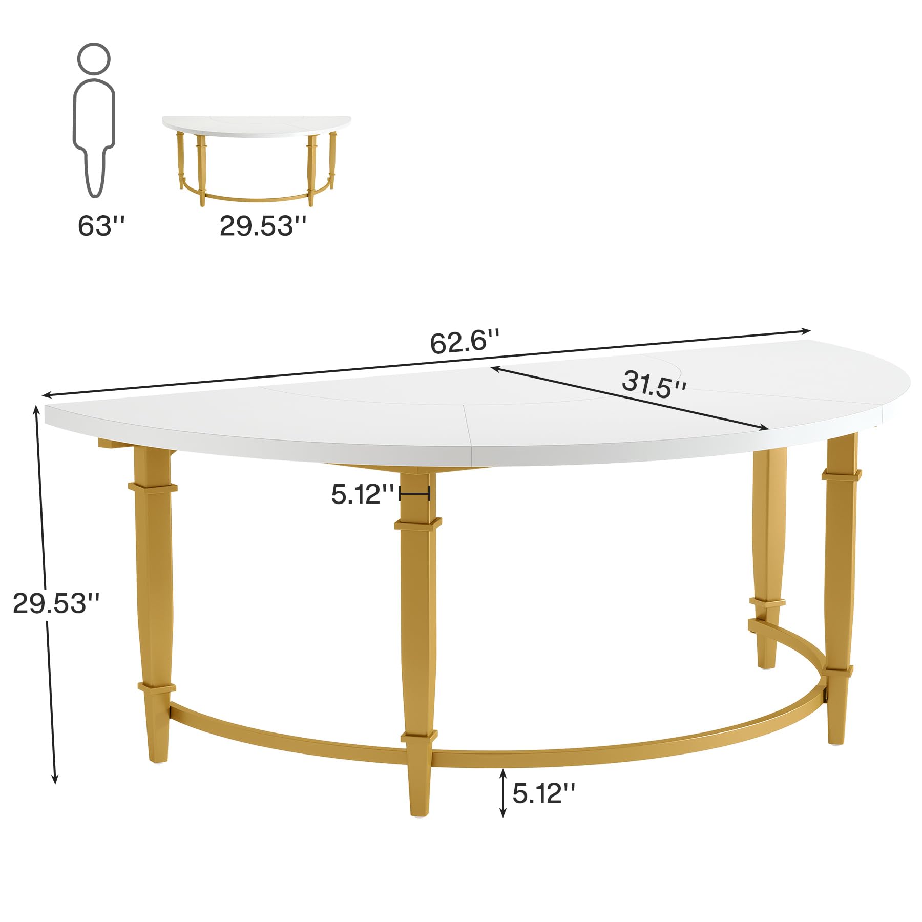 Tribesigns 63 Inch Computer Executive Desk, Modern Simple Study Writing Desk with Half Round Thick Tabletop and Heavy Duty Metal Frame, Large Desk Laptop Table Workstation for Home Office, White/Gold