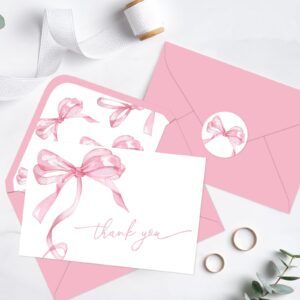 Whaline 24Pcs Pink Bow Thank You Cards with Envelopes and Stickers Watercolor Bow Greeting Cards Pink Blank Note Cards for Party Supplies