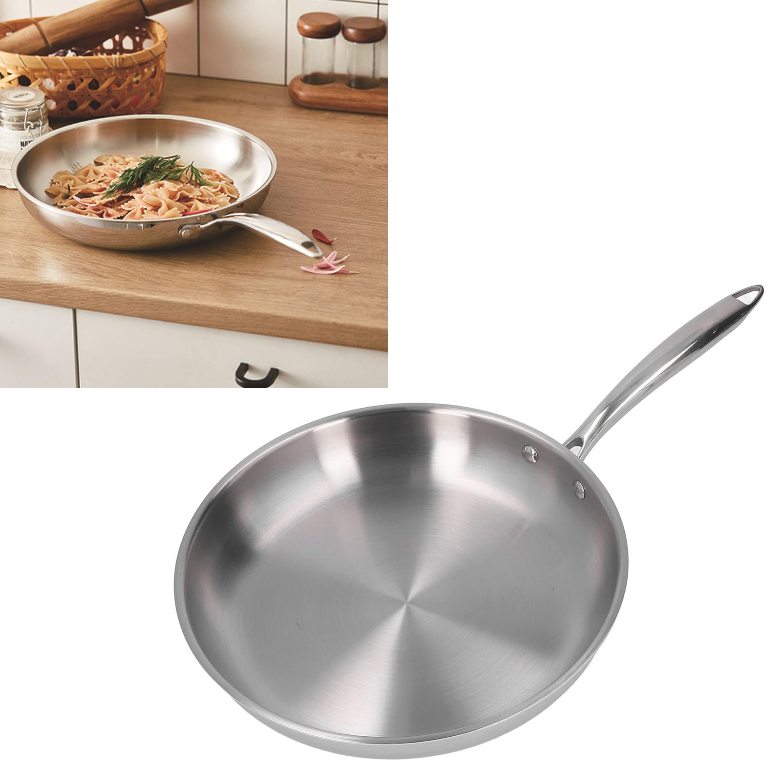 Stainless Steel Frying Pan Thickened 304 Stainless Steel Uncoated 3 Layers Stainless Steel Skillet for Omelette Cooking (30cm)