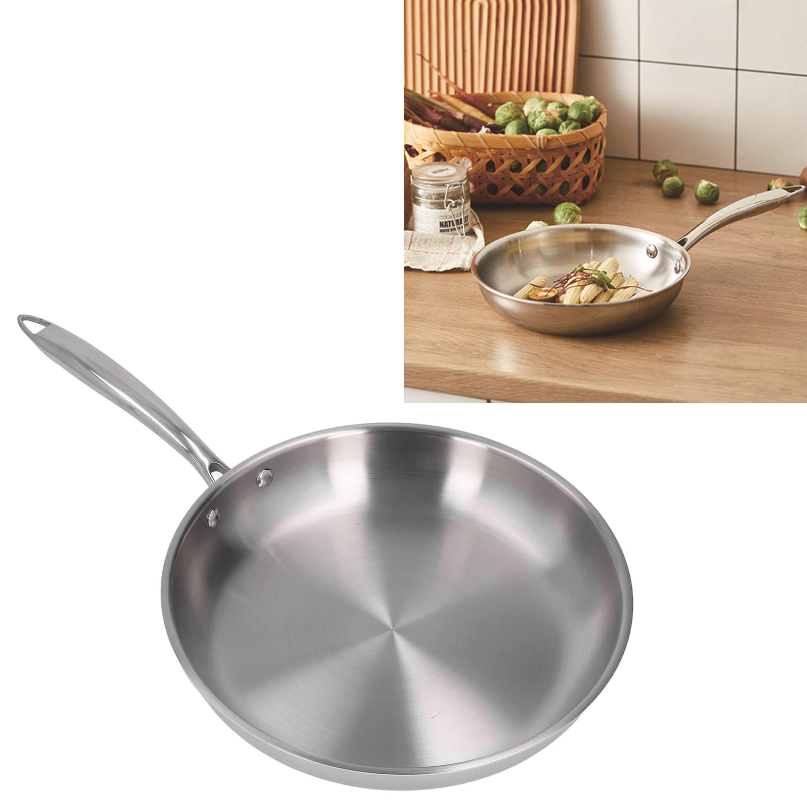 Stainless Steel Frying Pan Thickened 304 Stainless Steel Uncoated 3 Layers Stainless Steel Skillet for Omelette Cooking (30cm)