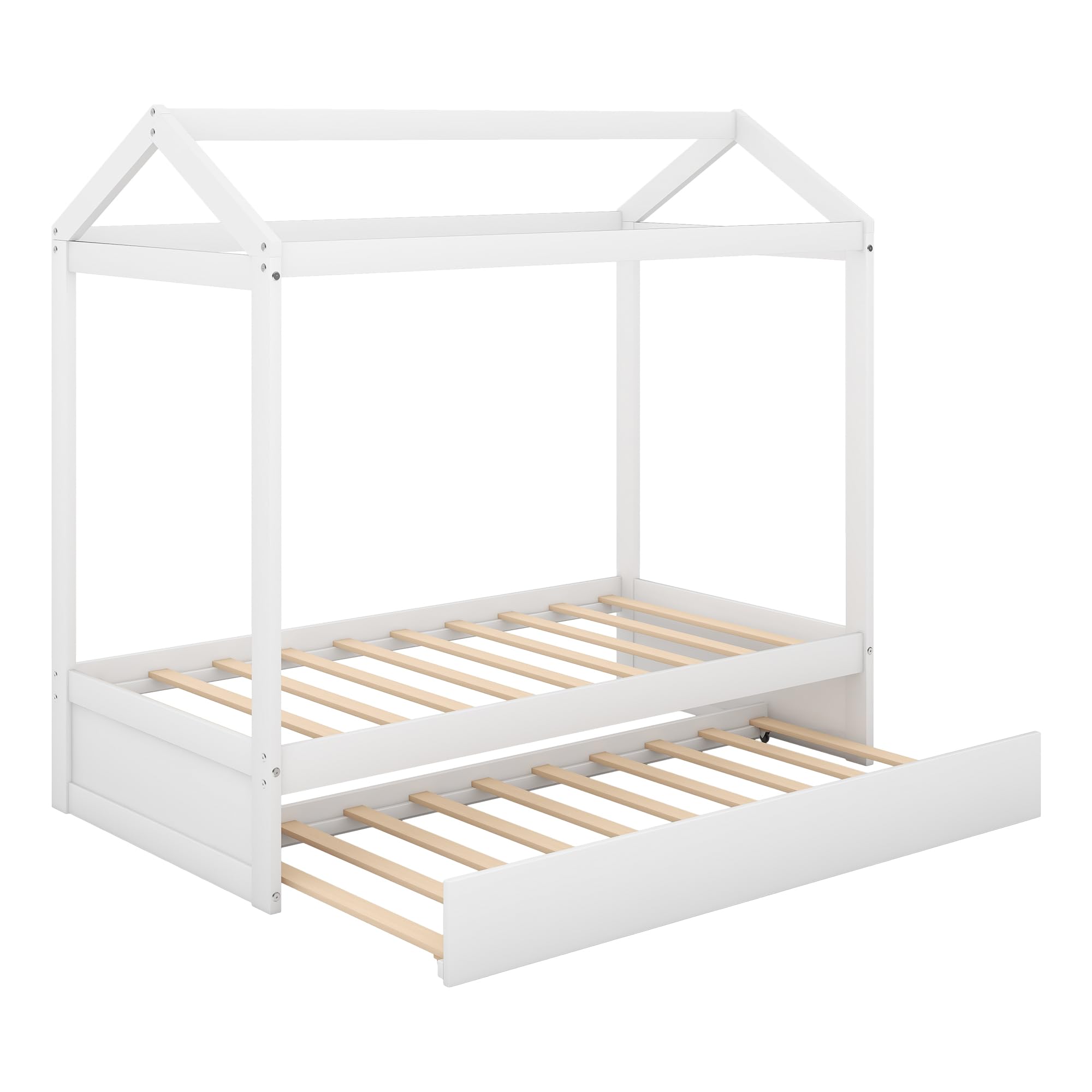 PVWIIK Twin Size Floor Bed with Trundle & Roof Design for Kids, Girls, Boys,Solid Wood Bedframe,Easy Assembly & No Box Spring Needed, White