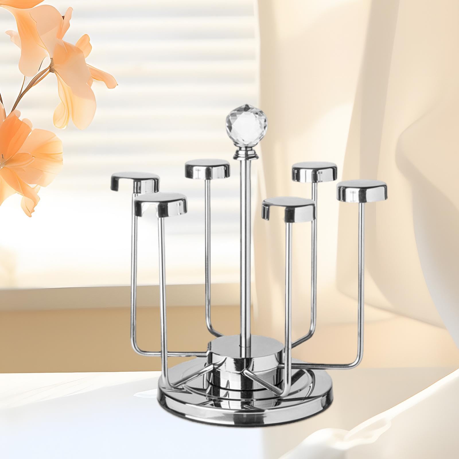 6 Cup Drying Rack Tea Cups Storage Rack Wine Glasses Holder Cup Holder Stainless Steel Drinking Glass Drainer Stand for Bar, Silver