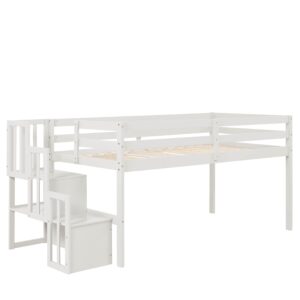 Twin Size Low Loft Bed with Stairs,Kids Loft Bed with Storage Staircase,Twin Bed Frame for Kids with Stairs,Wood Low Loft Bed Twin Size for Boys Girls,White