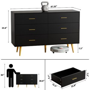 JOZZBY Dresser for Bedroom with 6 Drawers, Black Wooden Dresser with Golden Handles, Modern Chests of Drawer Storage Organizer for Hallway, Entryway