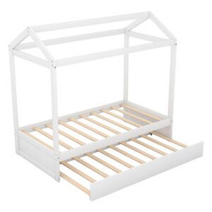 PVWIIK Twin Size Floor Bed with Trundle & Roof Design for Kids, Girls, Boys,Solid Wood Bedframe,Easy Assembly & No Box Spring Needed, White