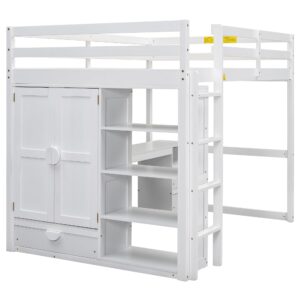 Full Size Loft Bed with Wardrobe and Desk, Wood Loft Bed Frame with Storage Shelves and Drawers for Adults Teens and Kids, White