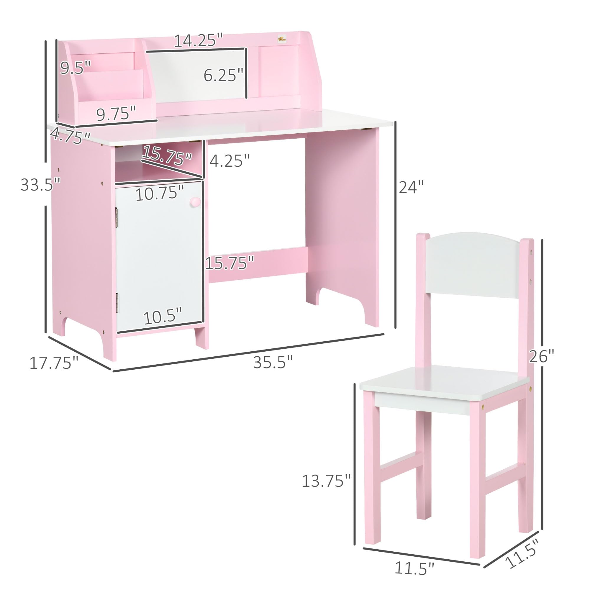 Qaba Toddler Desk and Chair Set, Kids Writing Desk Study Table for Children with Whiteboard, Storage Cabinet, Child Furniture, Art Gifts for Kids, Pink