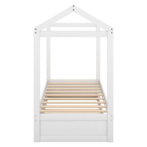 PVWIIK Twin Size Floor Bed with Trundle & Roof Design for Kids, Girls, Boys,Solid Wood Bedframe,Easy Assembly & No Box Spring Needed, White