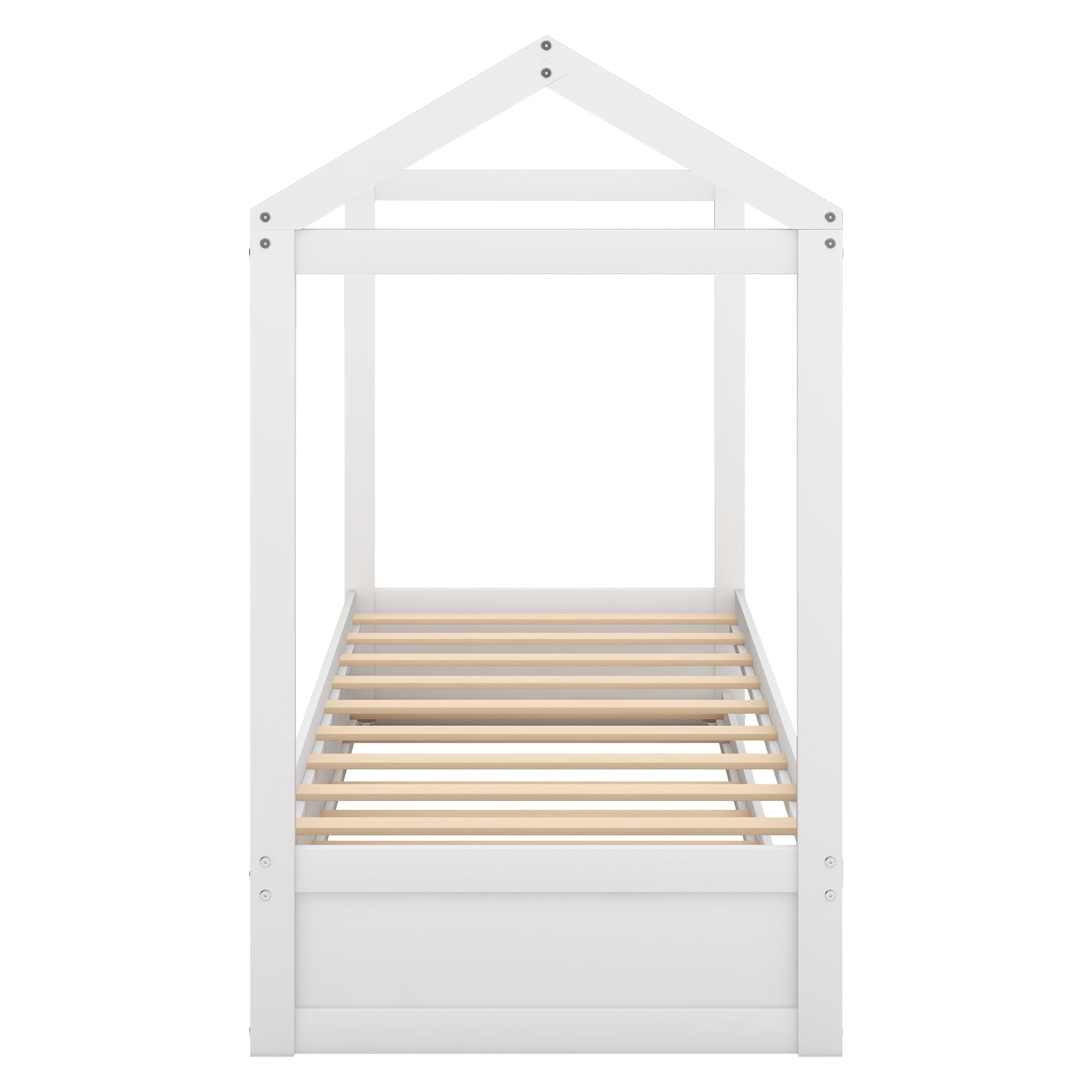 PVWIIK Twin Size Floor Bed with Trundle & Roof Design for Kids, Girls, Boys,Solid Wood Bedframe,Easy Assembly & No Box Spring Needed, White