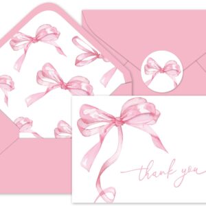 Whaline 24Pcs Pink Bow Thank You Cards with Envelopes and Stickers Watercolor Bow Greeting Cards Pink Blank Note Cards for Party Supplies