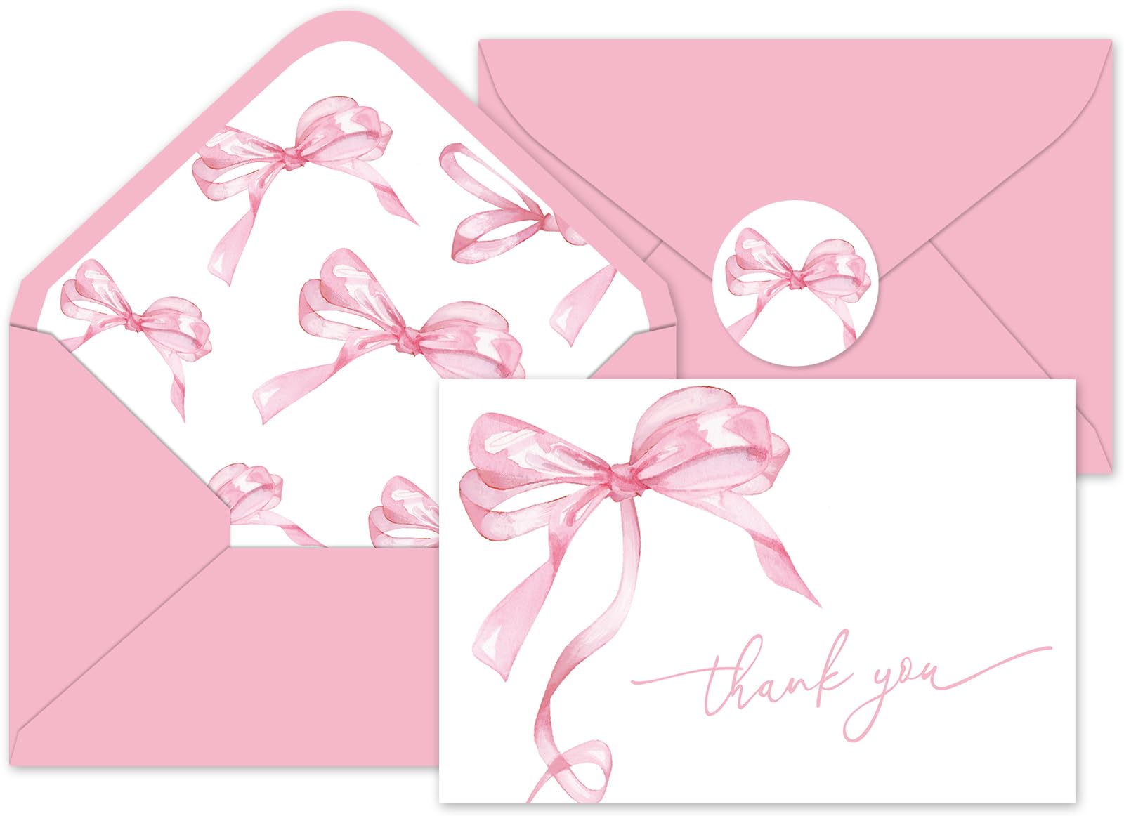 Whaline 24Pcs Pink Bow Thank You Cards with Envelopes and Stickers Watercolor Bow Greeting Cards Pink Blank Note Cards for Party Supplies