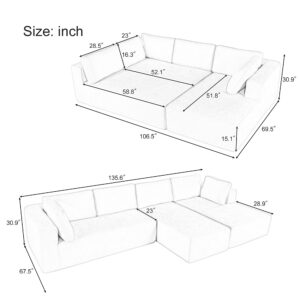 VnndeNest 135" Modular Sectional Couch, Comfy Chenille Fabric Floor Sofa, Minimalist Sectional Sofa with Chaise Lounge, Free Combination Foam-Filled Sleeper Sofa for Living Room, Salon,3 Pieces, Beige