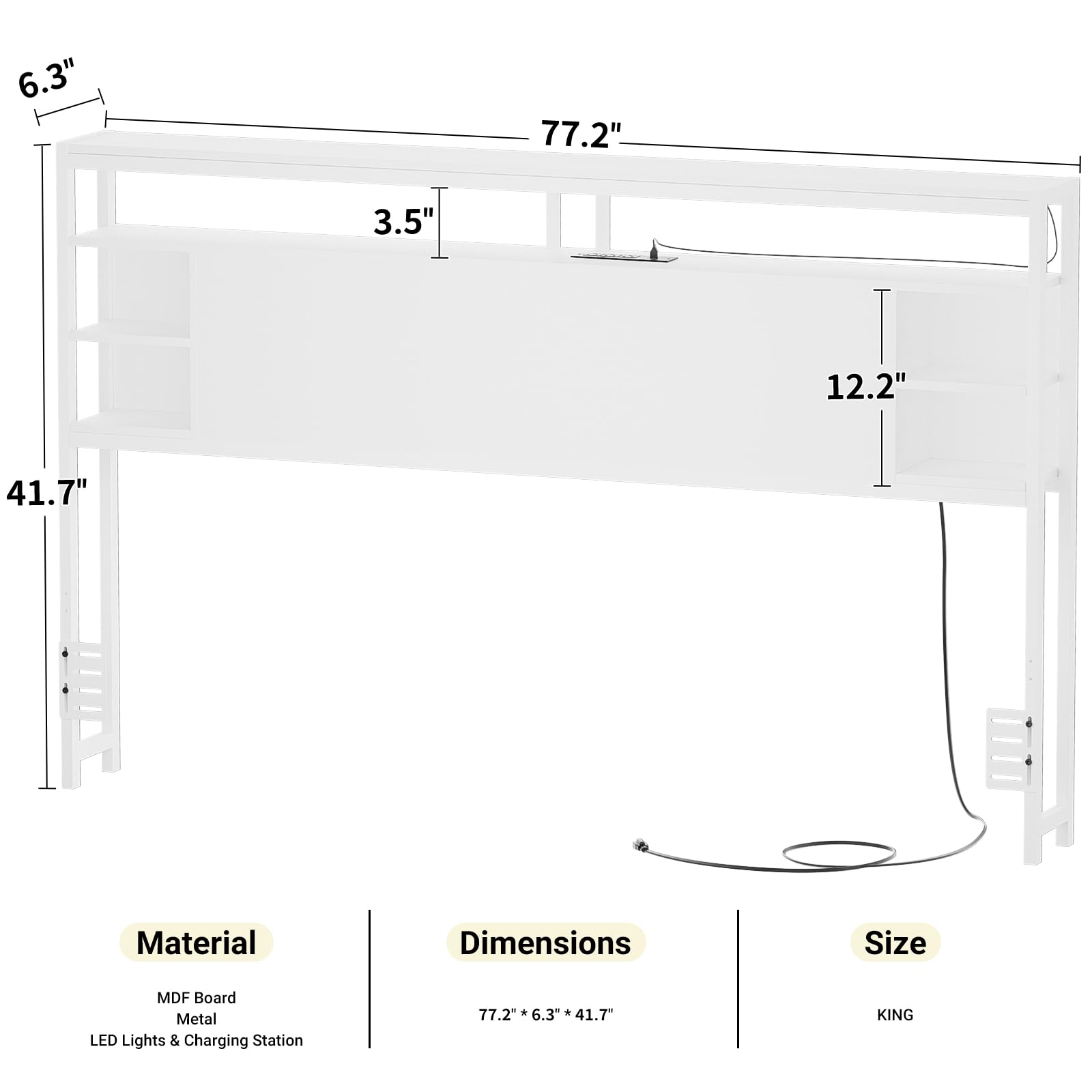 Unikito King Size Headboard with Storage, Headboards with Power Outlets and RGB LED Light, Sturdy Head Board for King Size Bed, Stable King Headboard Only for Bedroom, Dorm Room, Guest Room, White