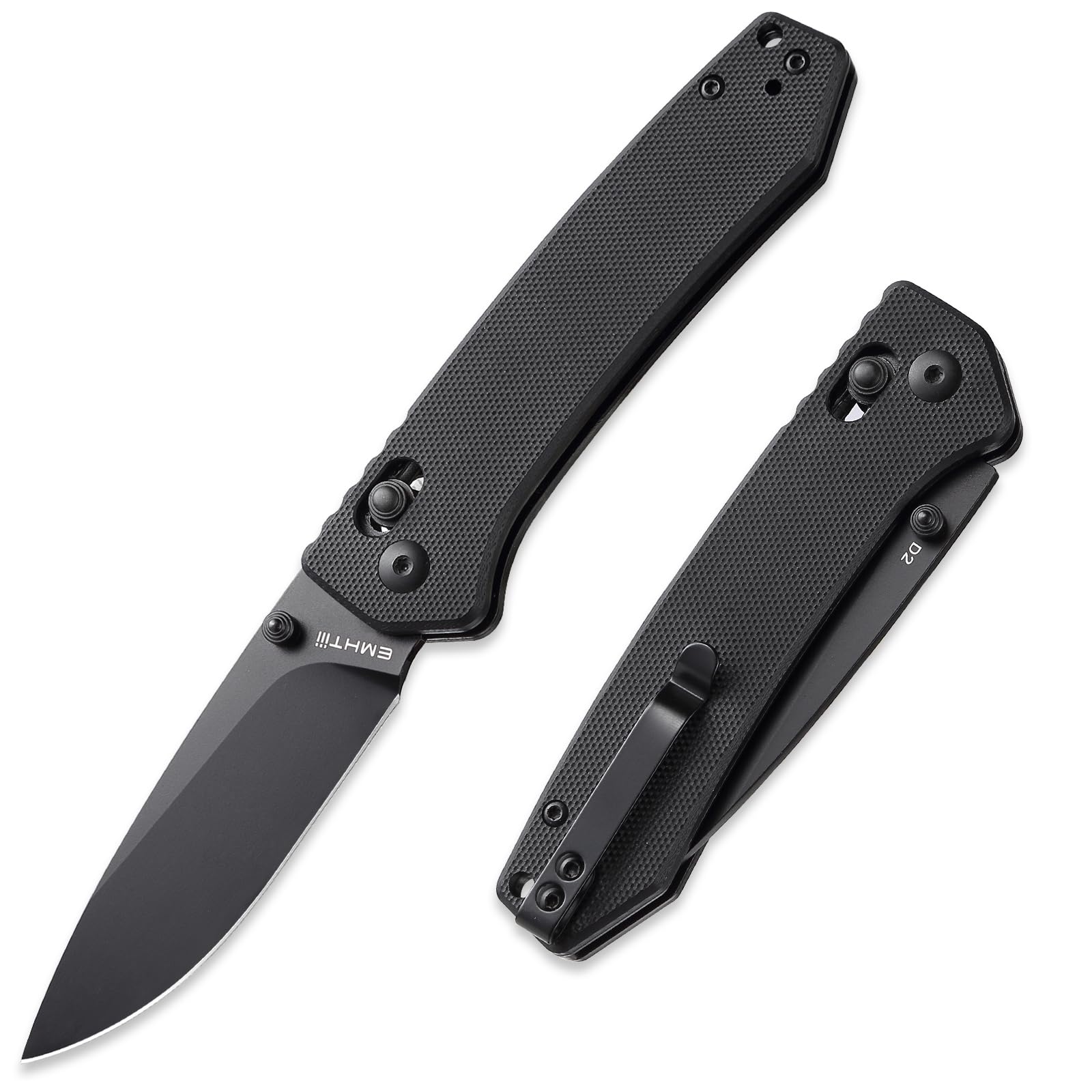 EMHTiii D2 Steel Folding Pocket Knife with Reversible Clip: 3.14" Black Drop Point Blade, Crossbar Axis Lock, G10 Handle Scales, Small EDC Knives Camping for Man Women