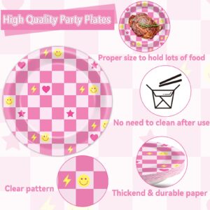 200Pcs Preppy Party Supplies Pink Smile Face Paper Plates Napkins Preppy Smile Face Party Tableware Set Preppy Smile Face Dinnerware for Birthday Party Bachelor Baby Shower Decoration Serve 50