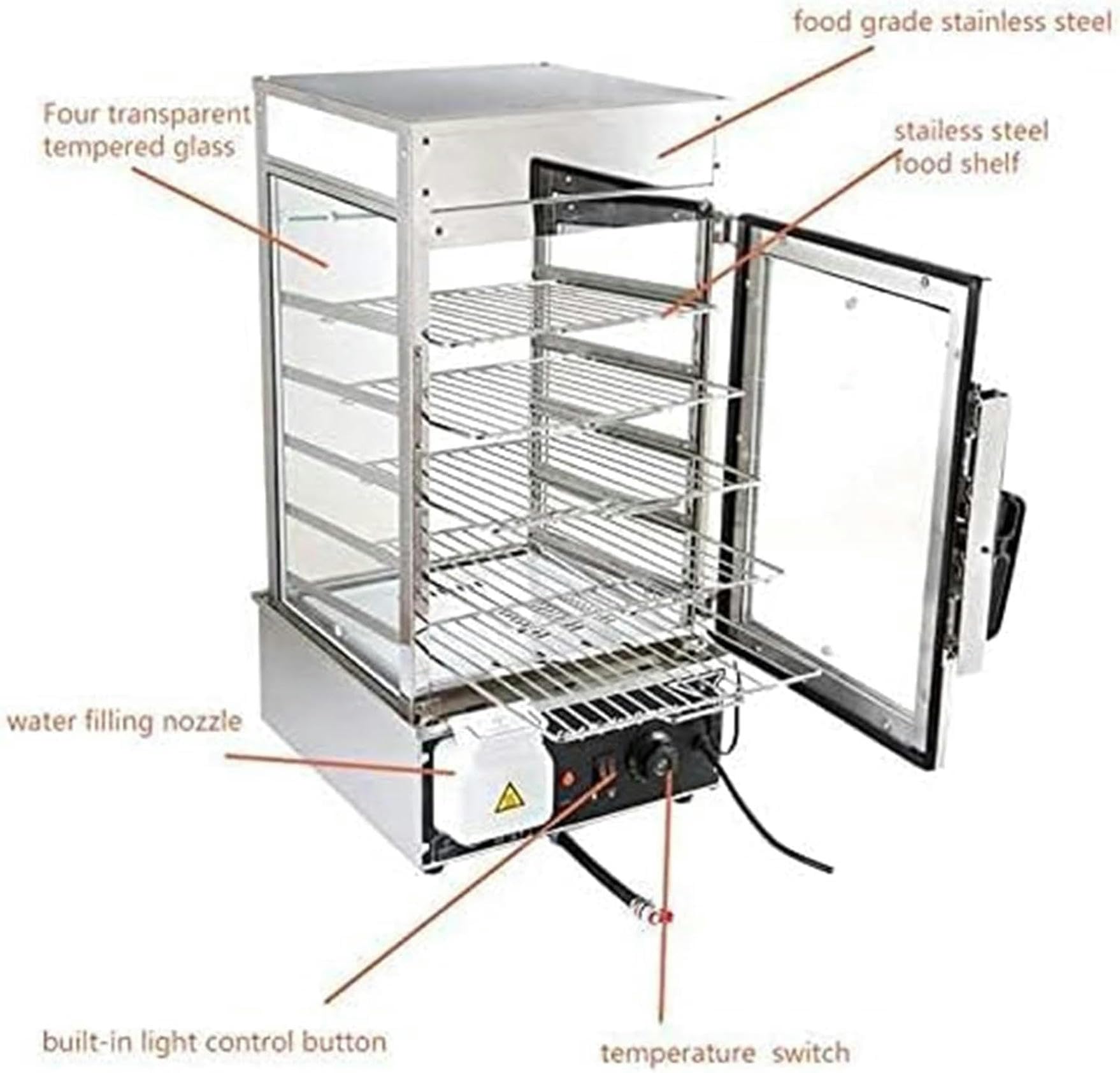 Electric Hot Food Cabinet Warmer, Commercial Bun Steamer with 30-110℃ Temperature Knob, 1200W Steamed Bun Warmer Machine