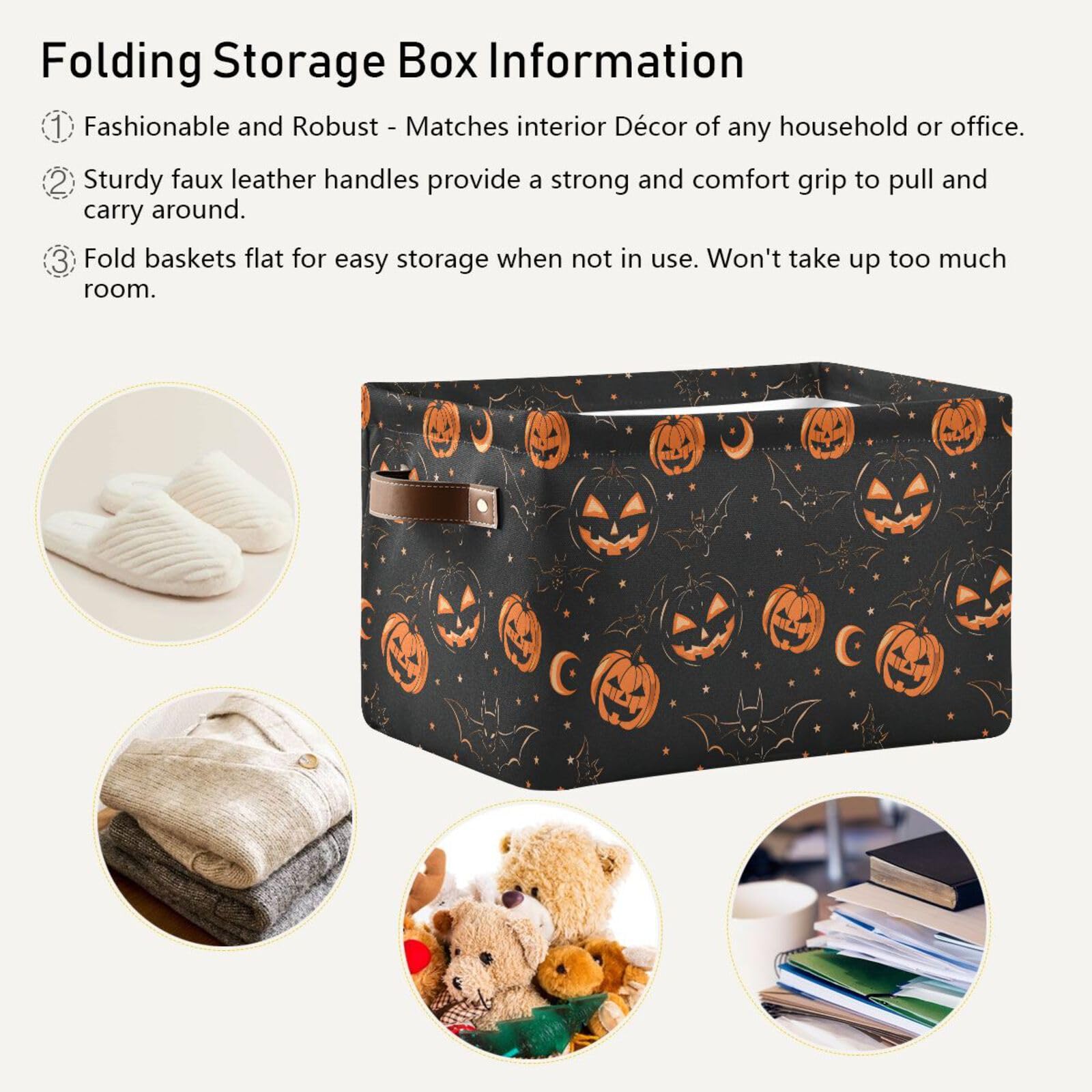 ALAZA Halloween Pumpkin Bat Moon Star Foldable Storage Box Storage Basket Organizer Bins with Handles for Shelf Closet Living Room Bedroom Home Office 1 Pack