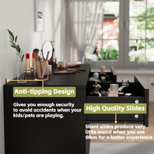 JOZZBY Dresser for Bedroom with 6 Drawers, Black Wooden Dresser with Golden Handles, Modern Chests of Drawer Storage Organizer for Hallway, Entryway