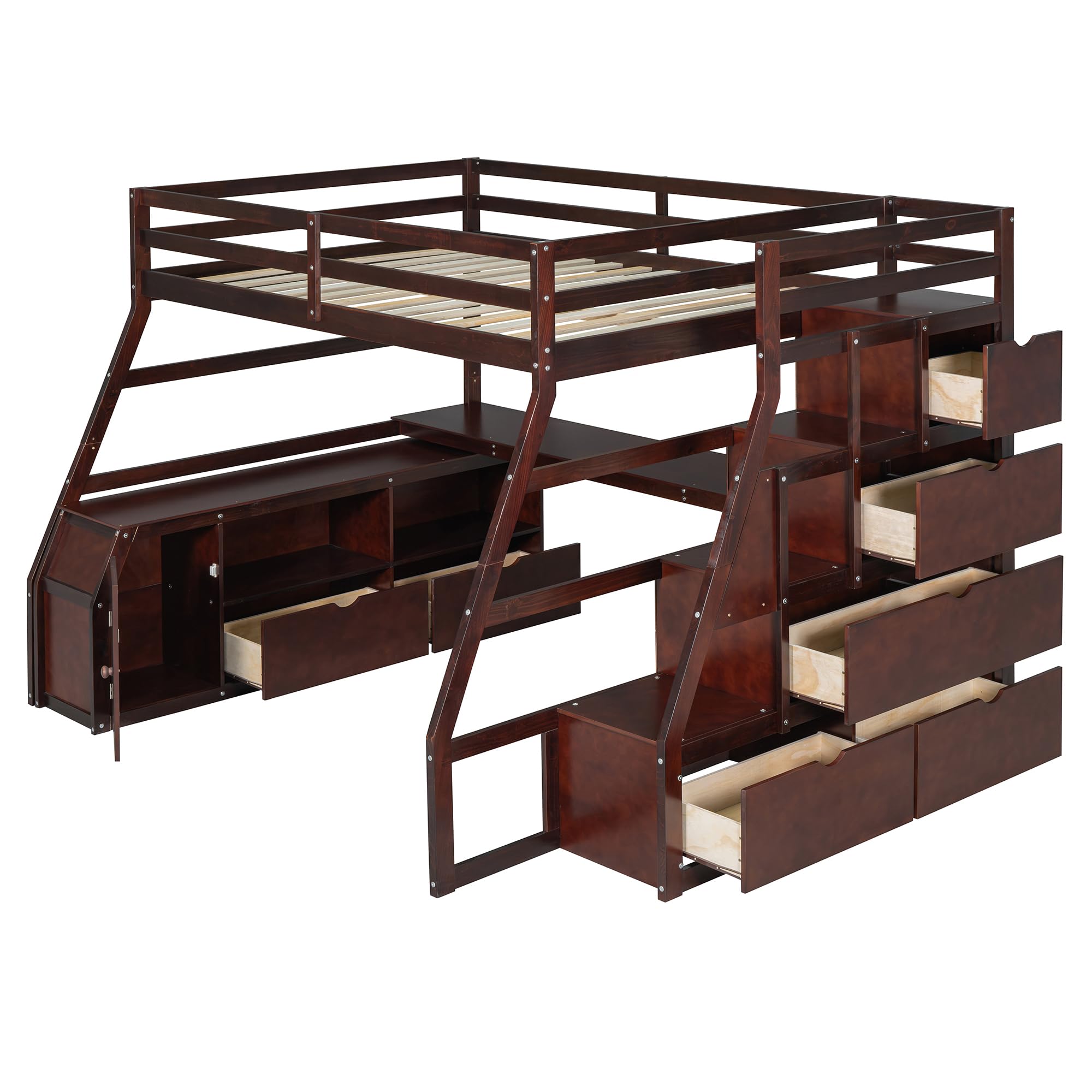 Full Size Loft Bed with Desk, Solid Wood Loft Bed Frame with 7 Drawers and 2 Shelves, Storage Cabinet, 68.3" High Loft Bed Frame with Storage Staircase, No Box Spring Required (Espresso/Full,90)