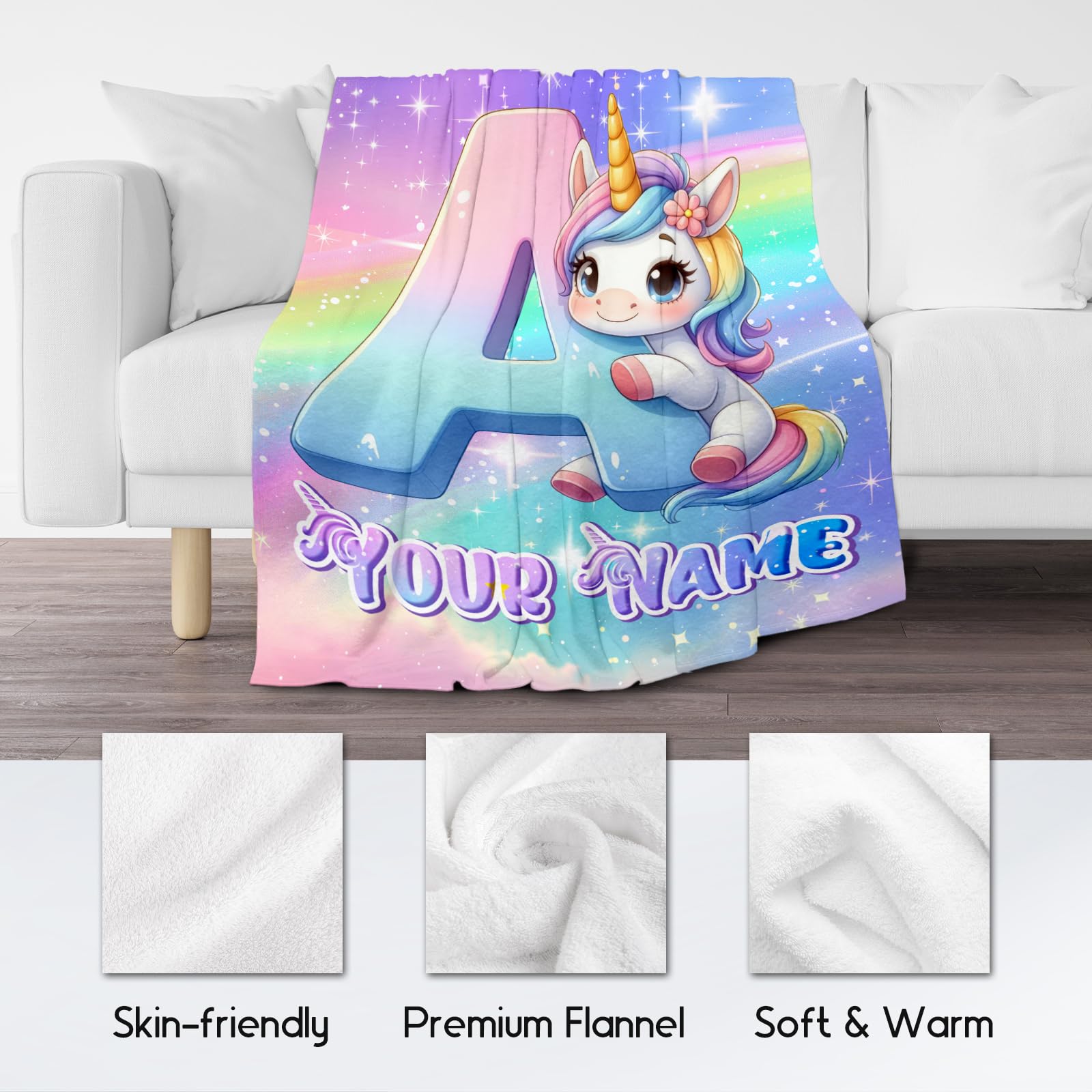 CUSPCOD Unicorn Blanket Gifts for Girls - Custom Blanket with Name Gifts Ideal - Personalized Initial Blanket for Unicorn Lovers - 40"x50" Kids Throw Blanket for Couch, Sofa - Monogram Blankets Gifts