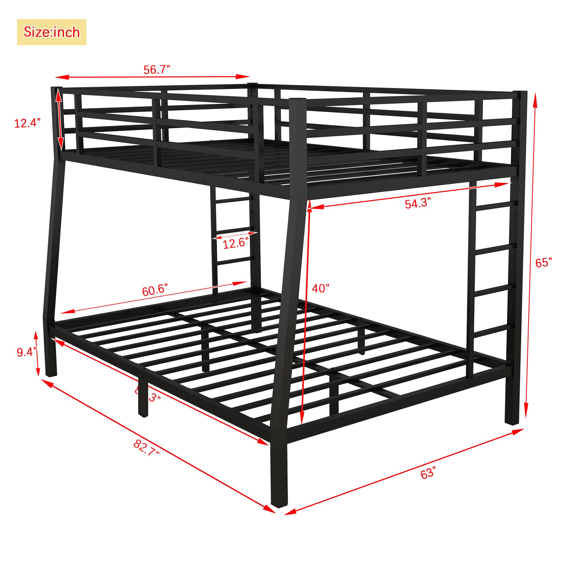 Metal Full XL Over Queen Bunk Beds for Adults,Heavy Duty Adult Bunk Beds,Bunk Bed Full Over Queen with 2 Ladders,Queen Bunk Bed,Bunk beds with Queen Bottom Bed,Noise-Free,Black