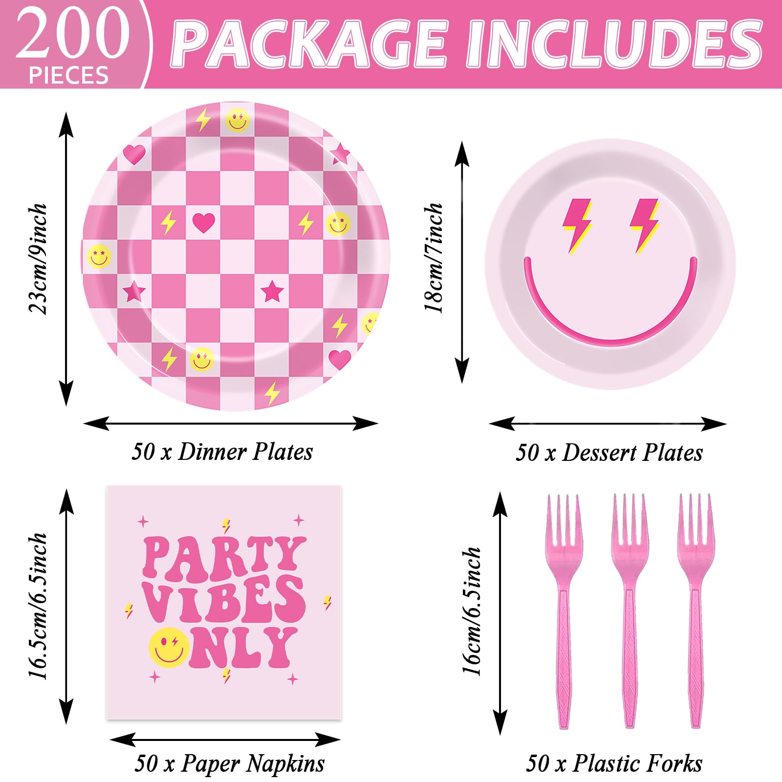 200Pcs Preppy Party Supplies Pink Smile Face Paper Plates Napkins Preppy Smile Face Party Tableware Set Preppy Smile Face Dinnerware for Birthday Party Bachelor Baby Shower Decoration Serve 50