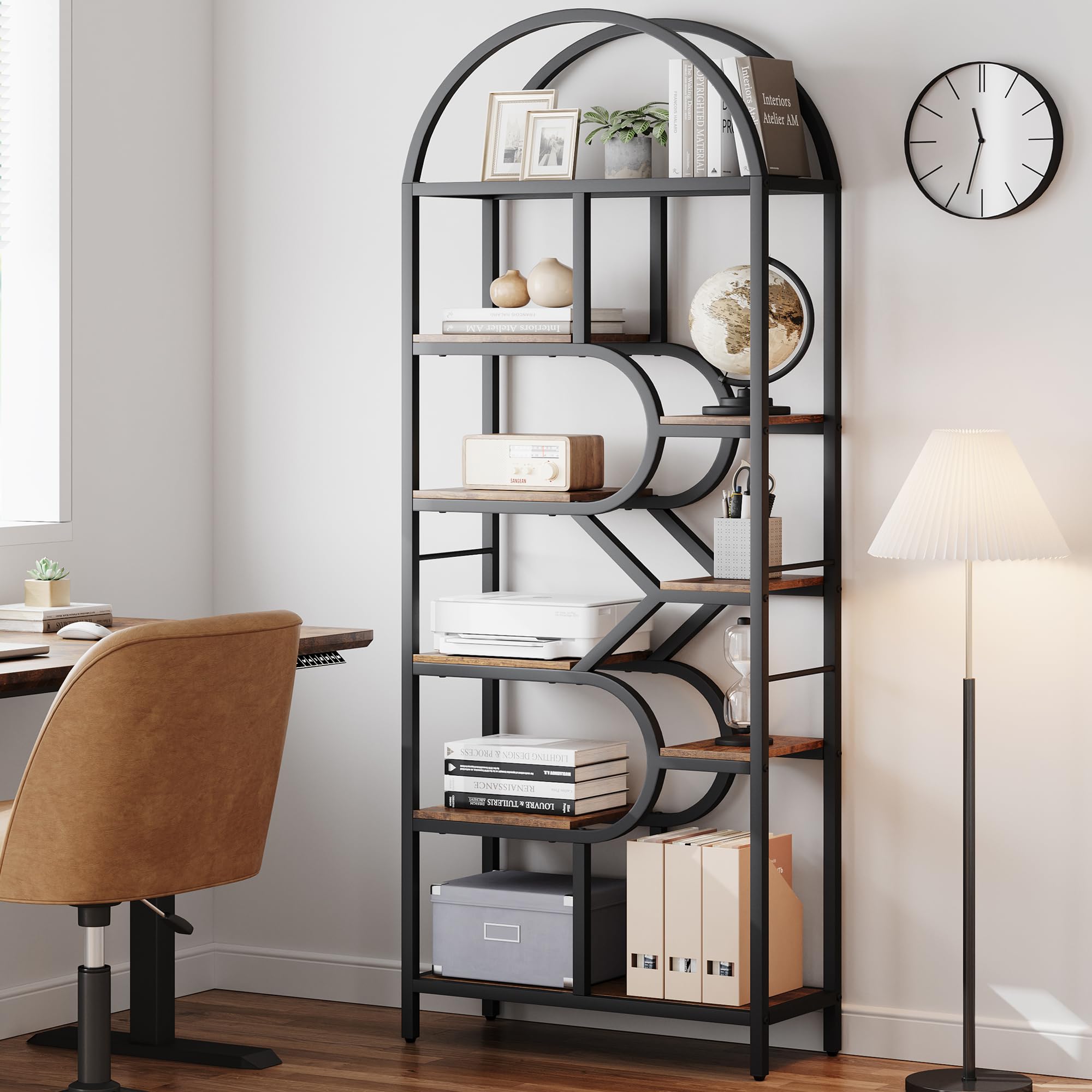 IDEALHOUSE Bookshelf 6 Tier Arched Bookcase 81.7in Tall Display Racks Geometric Open Storage Shelf Unique Book Rack Metal Frame Large Modern Book Shelf for Bedroom, Living Room, Home Office