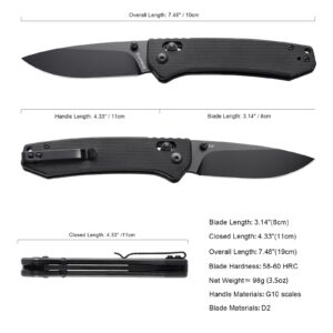 EMHTiii D2 Steel Folding Pocket Knife with Reversible Clip: 3.14" Black Drop Point Blade, Crossbar Axis Lock, G10 Handle Scales, Small EDC Knives Camping for Man Women