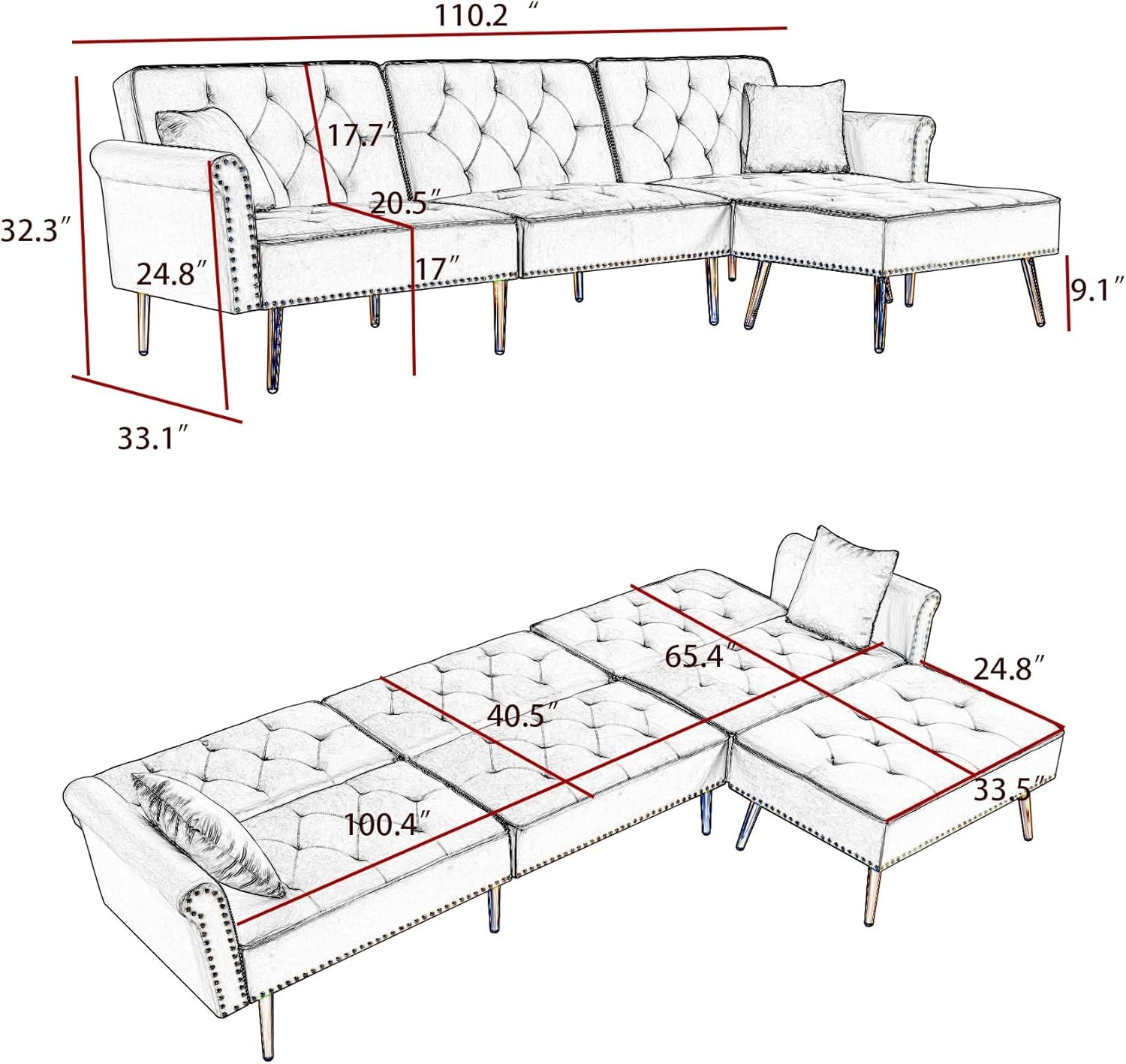 L Shaped Futon Sofa Bed with Movable Ottoman, Modern Velvet Upholstery Reversible Sectional Couch with 3 Adjustable Backrest,Sturdy Sleeper Sofa for Living Room and Bedroom