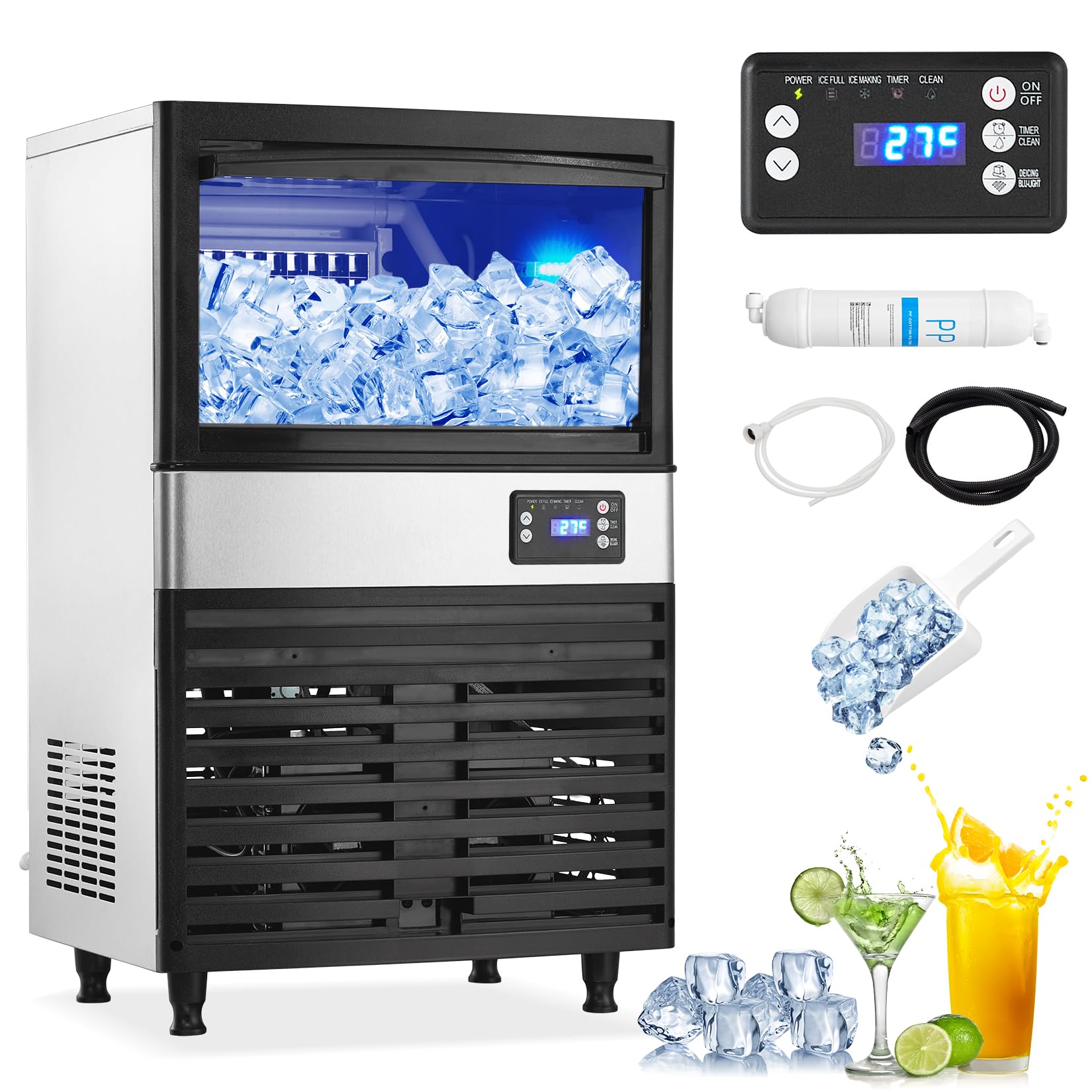 Gravee Commercial Ice Maker Machine, 150lbs/24H Under Counter Ice Maker Machine Stainless Steel with 27lbs Ice Storage Bin, Freestanding Ice Maker for Restaurant, Bar, Home, Office, Cafe