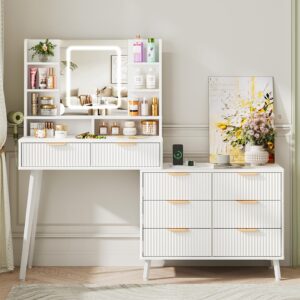 maupvit vanity desk with mirror and lights, makeup vanity with 8 drawers & shelves, corner vanity, l shape change & storage, dressing table for bedroom (white)