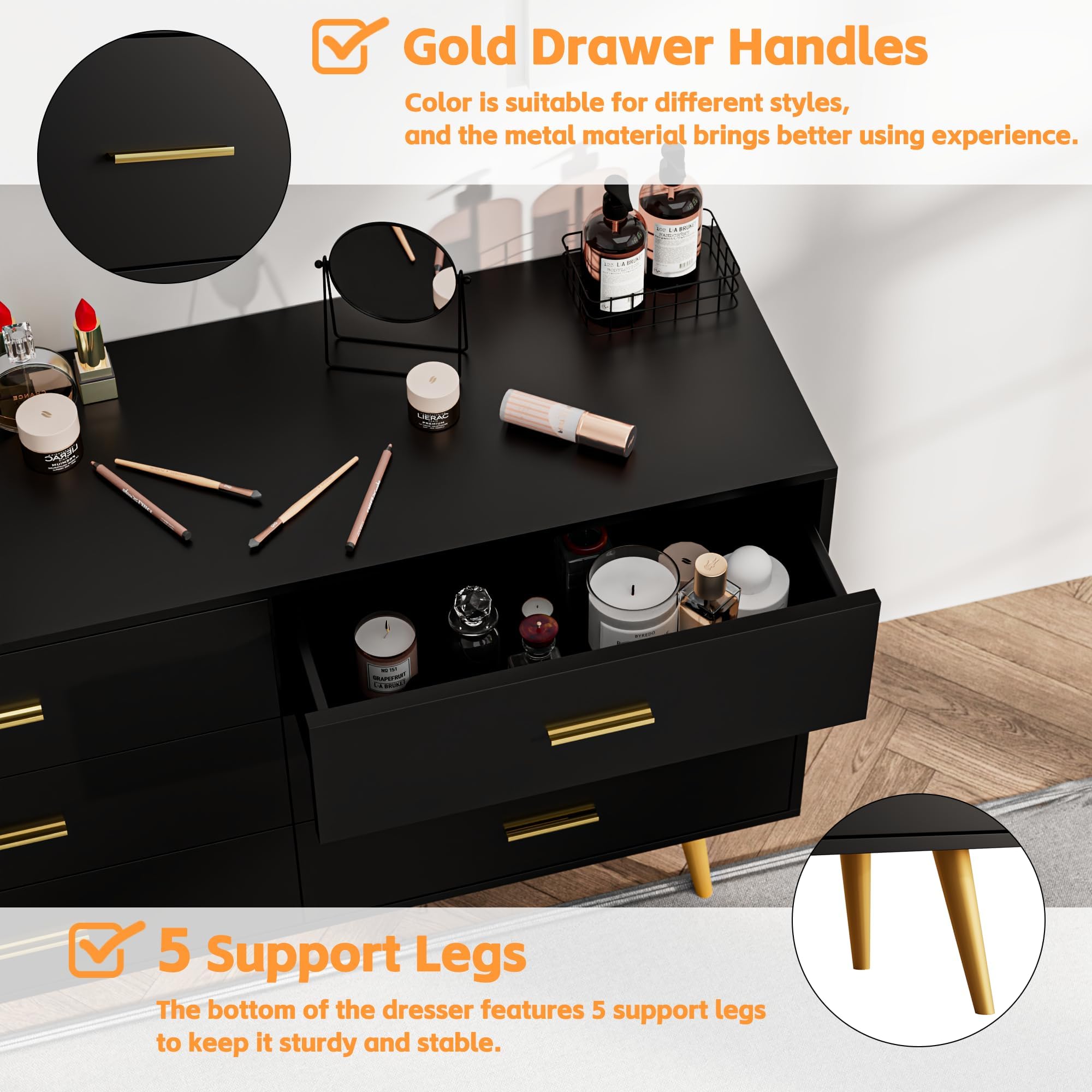 JOZZBY Dresser for Bedroom with 6 Drawers, Black Wooden Dresser with Golden Handles, Modern Chests of Drawer Storage Organizer for Hallway, Entryway