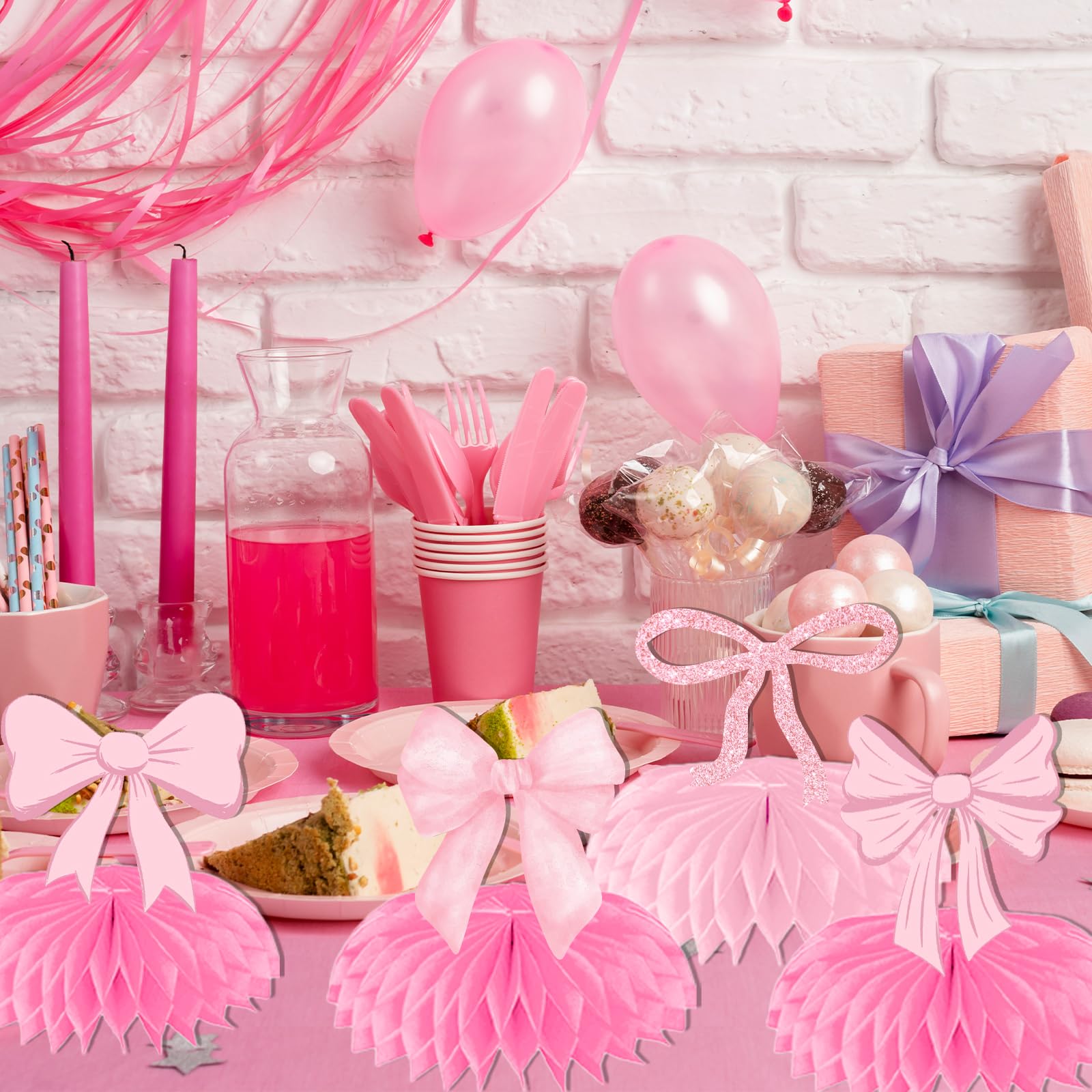 Pink Bow Party Decorations Honeycomb Centerpieces, 9Pcs Bow Coquette Birthday Decorations for Table, 3D Bow Birthday Decorations Coquette Baby Shower Decorations for Bow Birthday Baby Shower