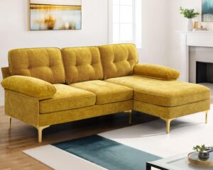 82" ginger l shape sofa couch w/chaise sleeper, chenille small golden sectional couch with chaise mid-modern century sofa for living room, apartment, and office with removable and washable cushions