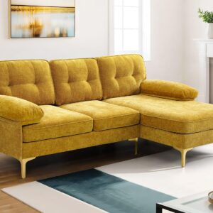 82" Ginger L Shape Sofa Couch w/Chaise Sleeper, Chenille Small Golden Sectional Couch with Chaise Mid-Modern Century Sofa for Living Room, Apartment, and Office with Removable and Washable Cushions