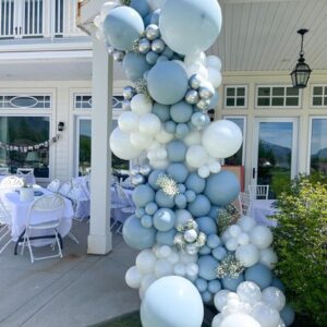 Dusty Baby Blue Balloon Arch Garland Kit,120Pcs Ivory White Retro Blue Bow Balloons Garland Kit Long Balloon as Bow Decor for Boy Baby Bridal Shower Birthday Wedding Party Decorations