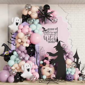 pastel halloween balloon arch garland kit, witch and ghost themed decorations, 148pcs pink orange green purple bat balloons for halloween spooky one happy boo day birthday baby shower supplies