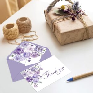 Whaline 24Pcs Lavender Floral Thank You Cards with Envelopes and Stickers Purple Floral Greeting Cards Elegant Flower Blank Note Cards for Party Supplies