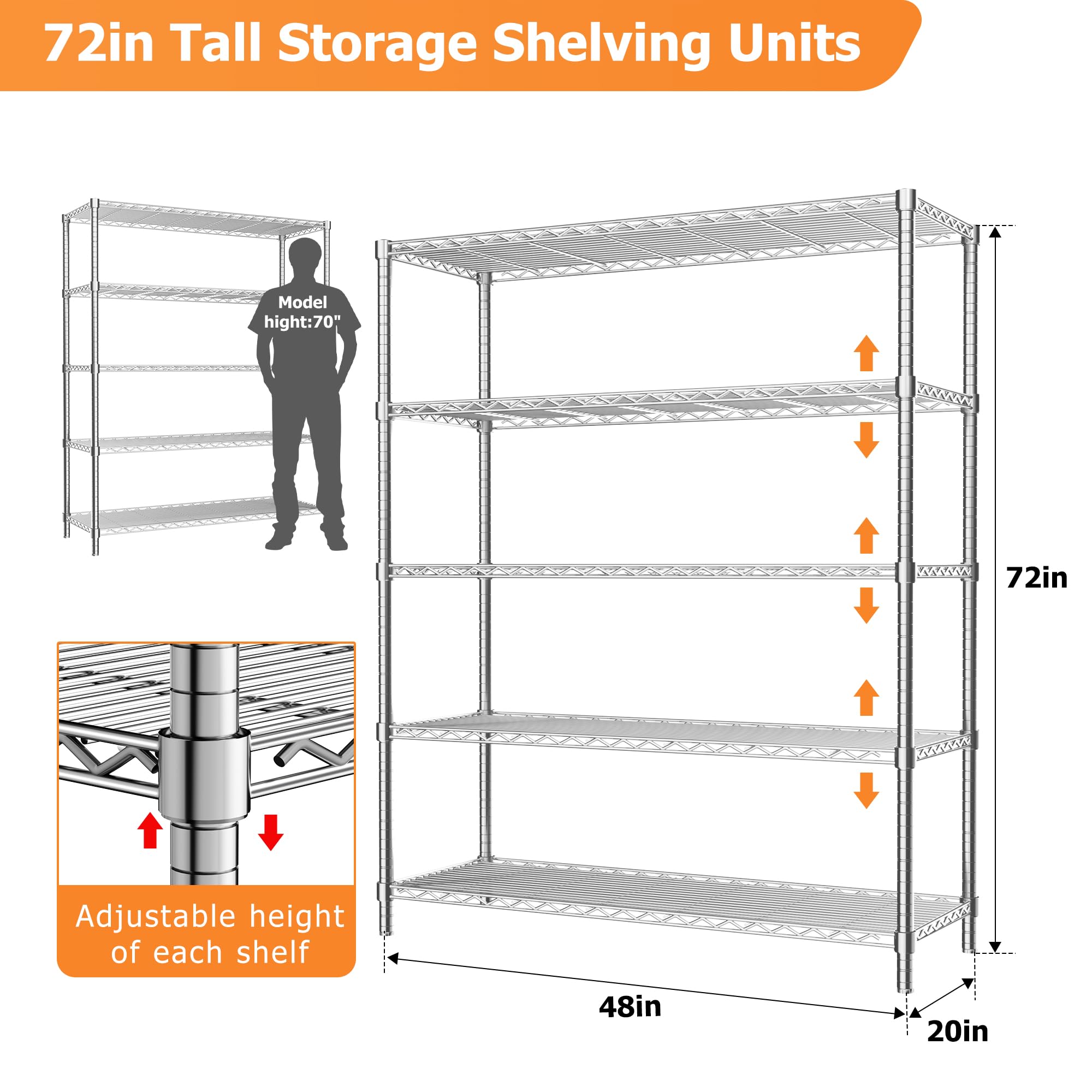 Storage Shelves Heavy Duty, 48" L x 20" W x 72" H Garage Wire Shelving Unit Loads 2000LBS, 5-tier Adjustable Metal Industrial Utility Shelf Rack for Kitchen, Laundry Room, Pantry, Warehouse, Basement