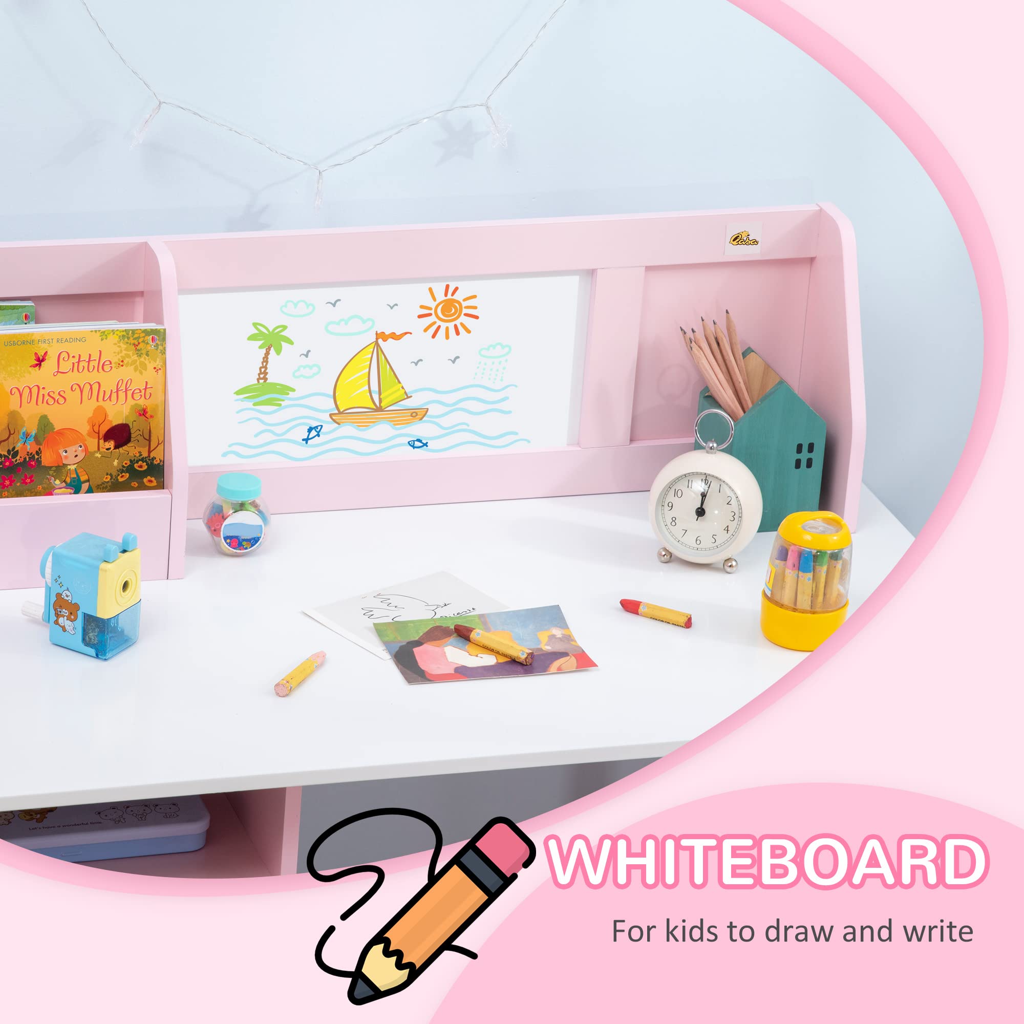 Qaba Toddler Desk and Chair Set, Kids Writing Desk Study Table for Children with Whiteboard, Storage Cabinet, Child Furniture, Art Gifts for Kids, Pink