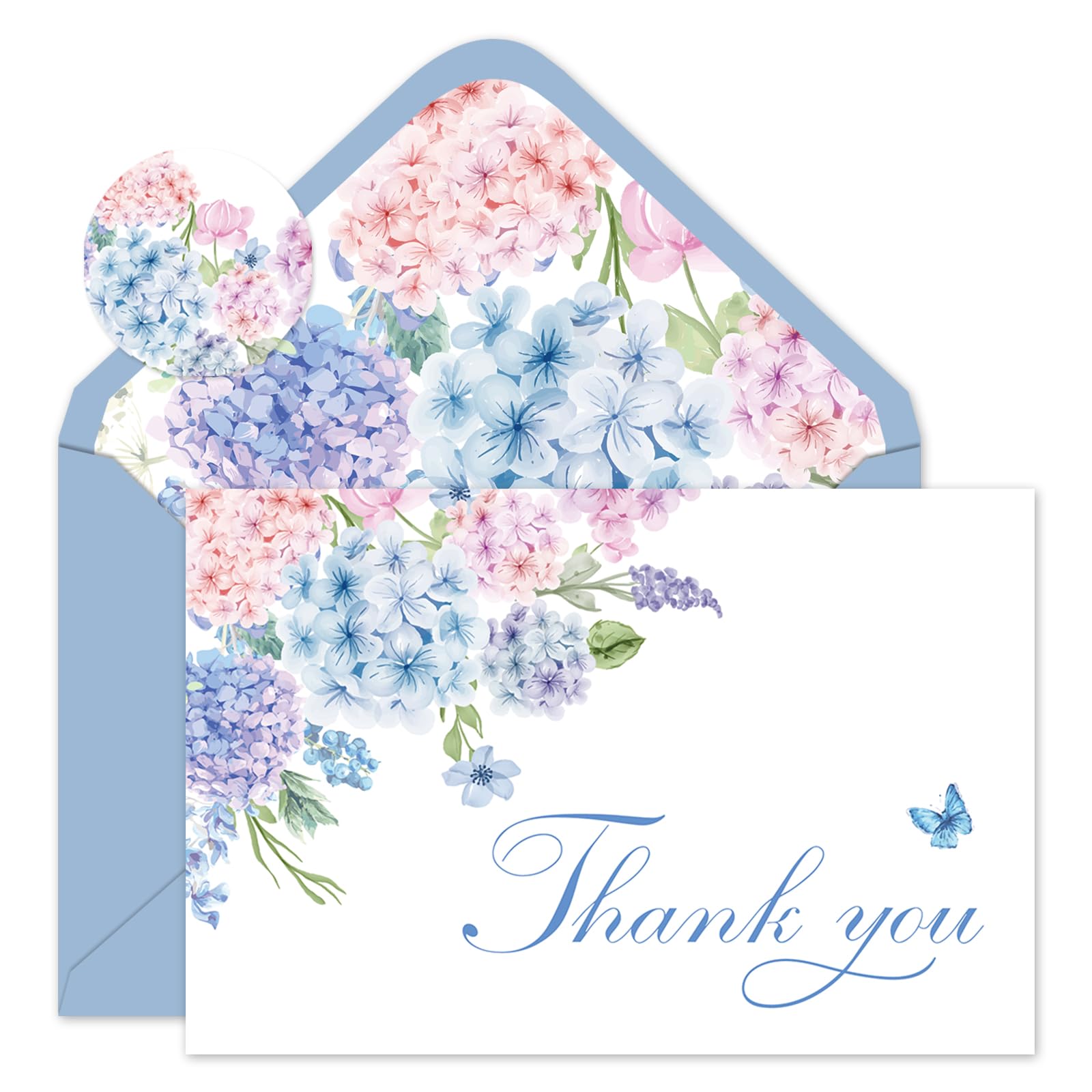 Whaline 24Pcs Blue Hydrangeas Thank You Cards with Envelopes and Stickers Blue Pink Floral Greeting Cards Flower Blank Note Cards for Party Supplies