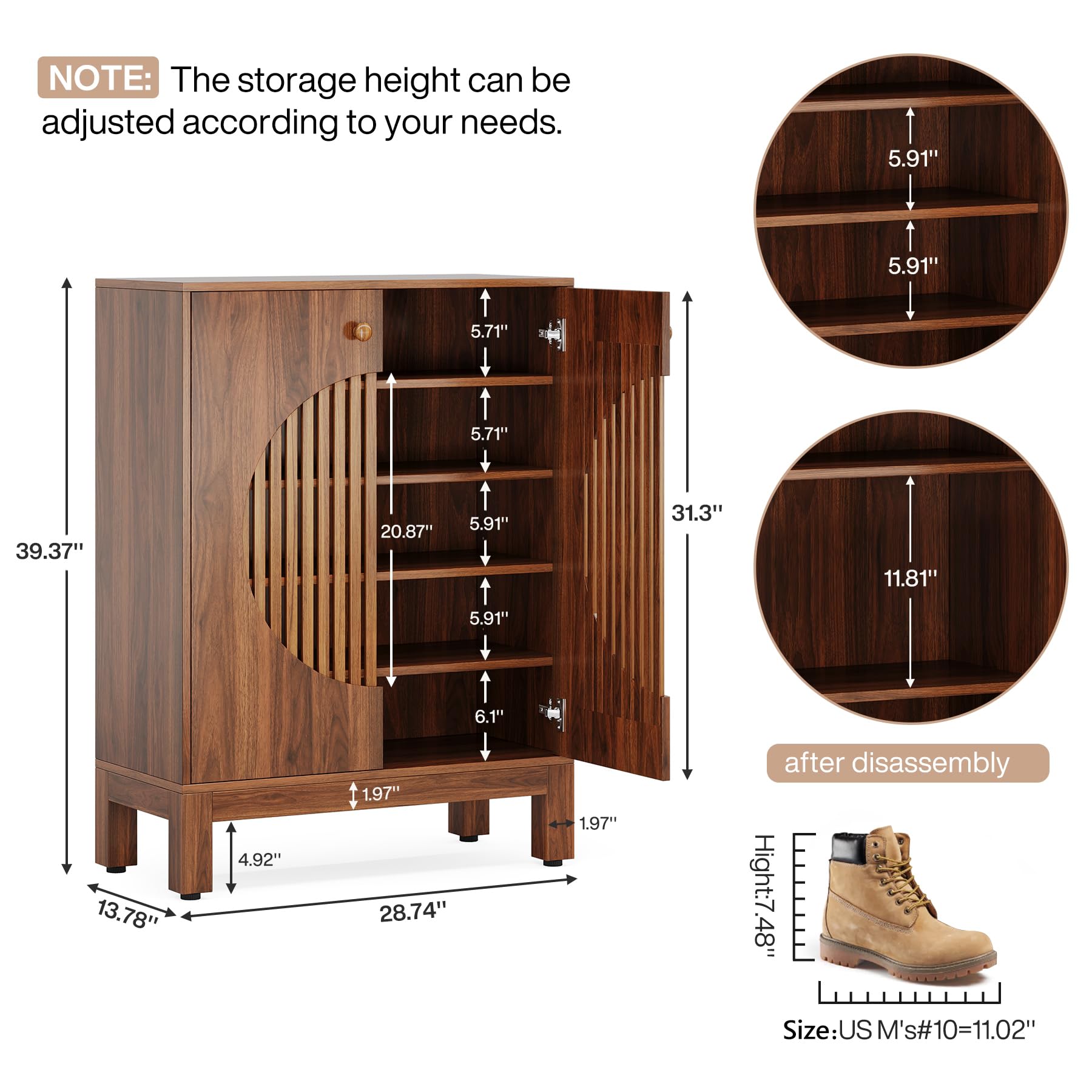 Tribesigns 5-Tier Shoe Cabinet with Round Louvered Doors, 20 Pairs Farmhouse Shoe Storage Cabinet with Adjustable Shelves, Freestanding Shoe Rack Organizer for Entryway, Hallway, Living Room, Brown